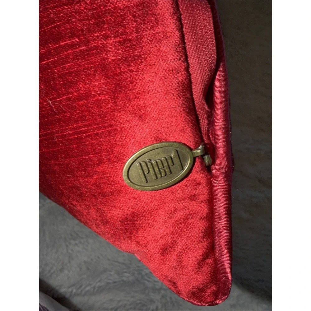 Pier 1 Imports Red Velvet Throw Pillow Square Crimson Accent Brass Logo Zip